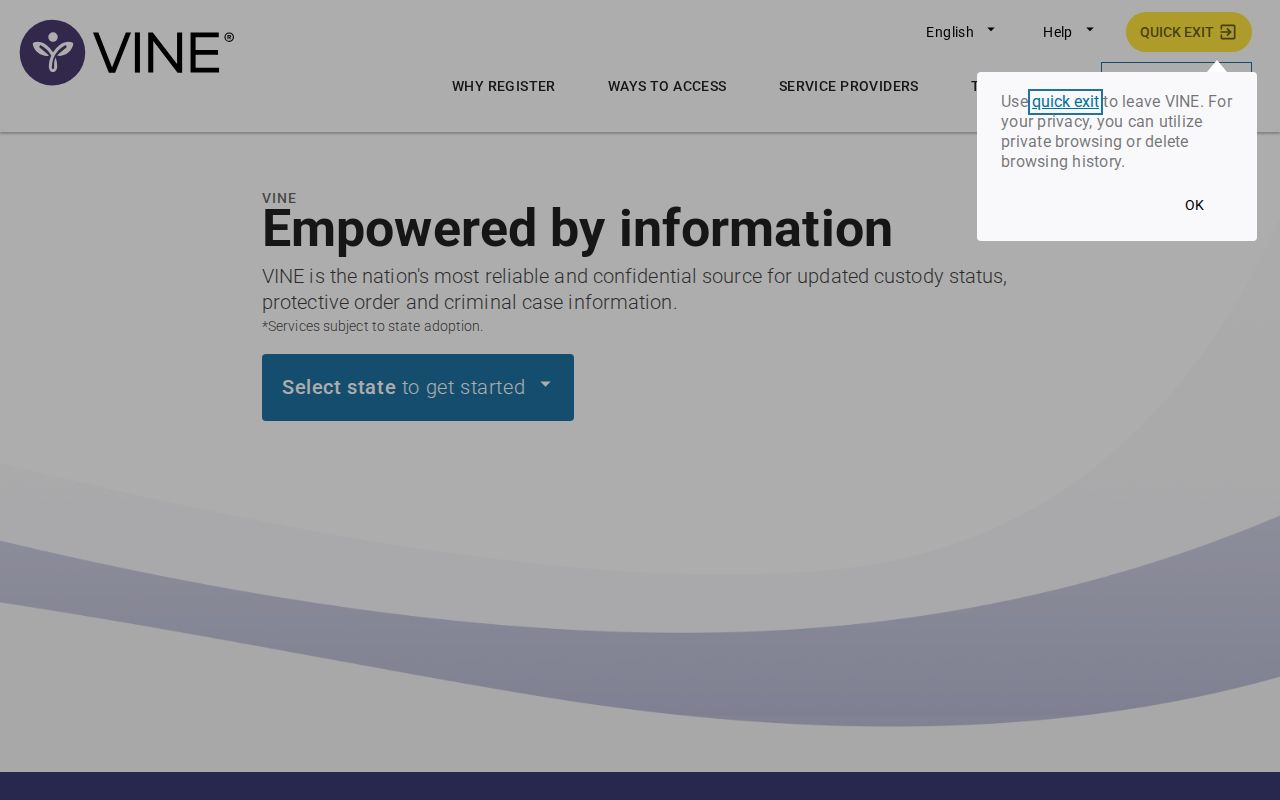 VINELink landing page compared with Missouri's current MOVANS service