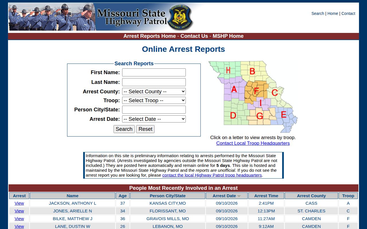 Ripley County recent arrest search on the Missouri State Highway Patrol reports page